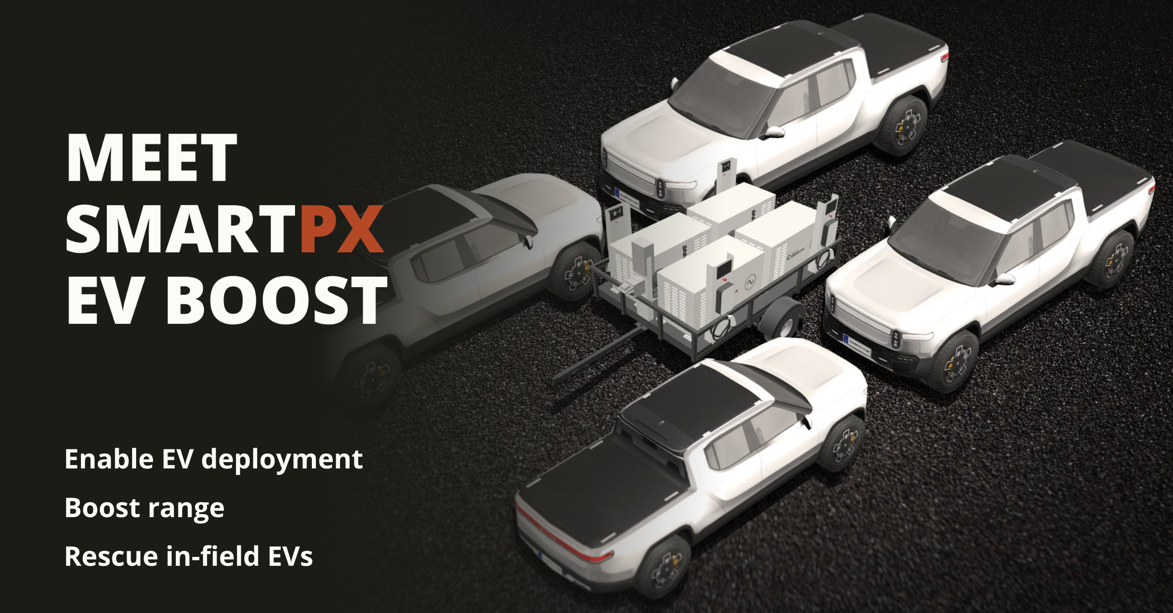 SmartPX EV Boost mobile charging station on trailer, surrounded by four electric pickup trucks. Text highlights key benefits: enabling EV deployment, boosting range, and rescuing in-field EVs.